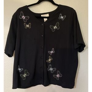 Vintage Bechamel 1X Black Colorful‎ Shirt Top Embroidered Beaded Butterflies
